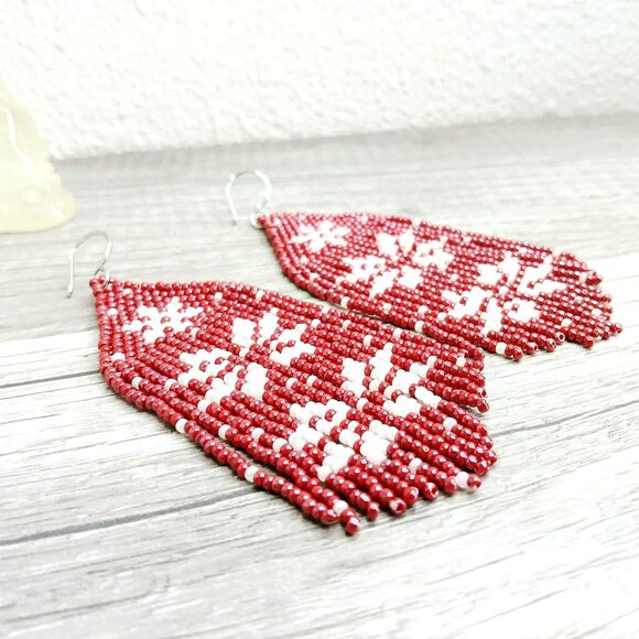 Large Holiday Beaded Fringe Cascade Shoulder Duster Dangle Earrings, Snowflakes - Picture 3 of 5